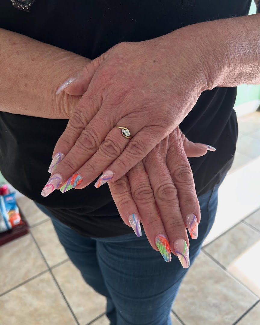 Manicured nails with glossy polish and nail art.