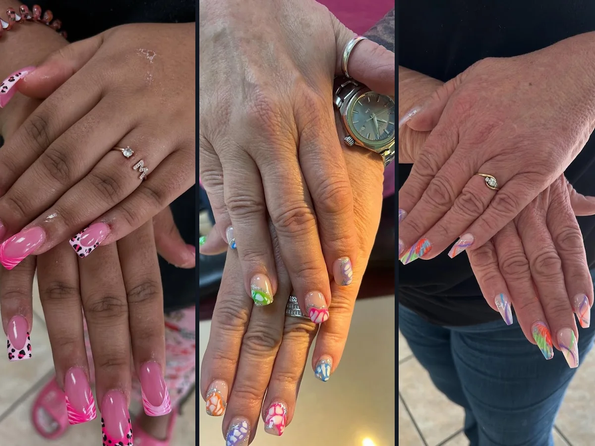 Manicured nails with glossy polish and nail art.