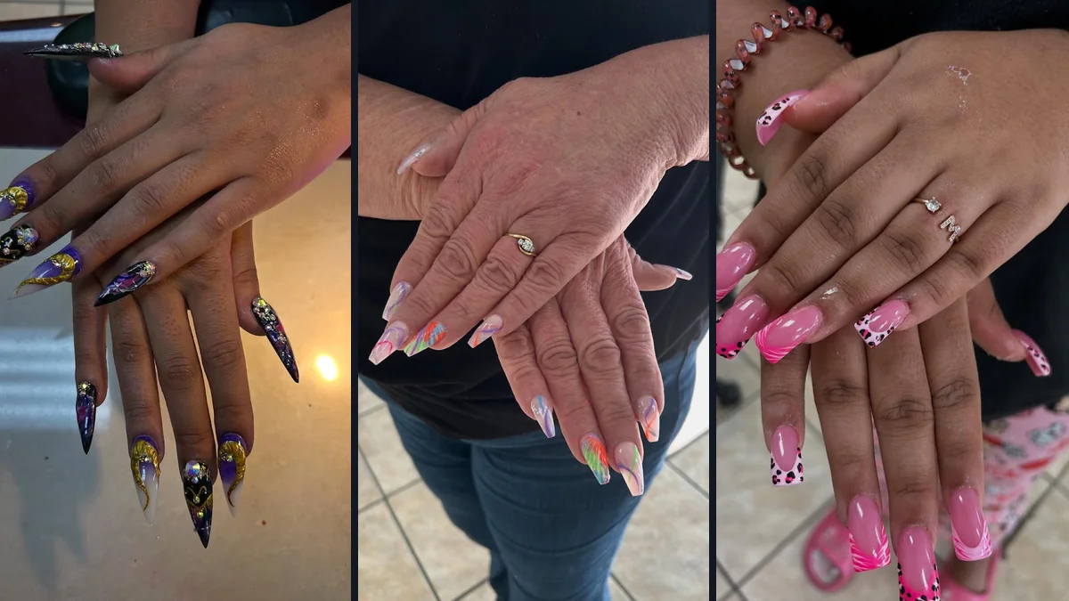 Manicured nails with glossy polish and nail art.